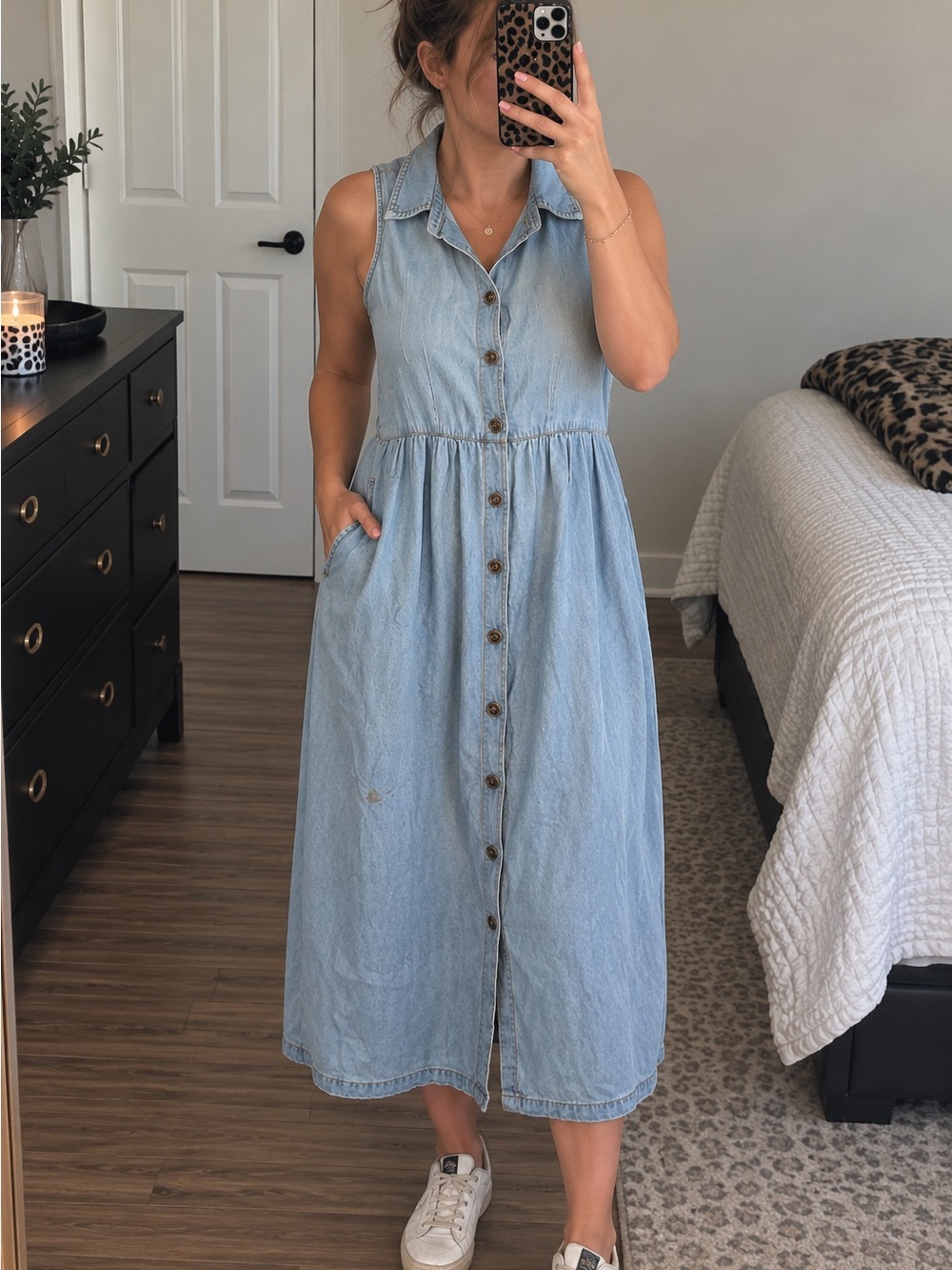 Vintage 90s Lead Sleeveless Light Wash Denim Button-Down Midi Dress